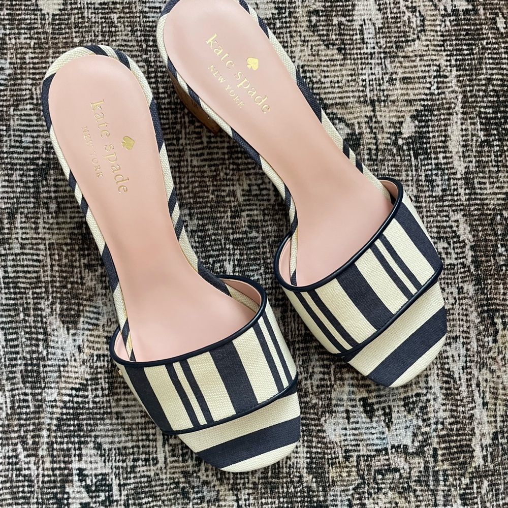 Kate Spade Navy and Cream Cork Heels Slip Ons